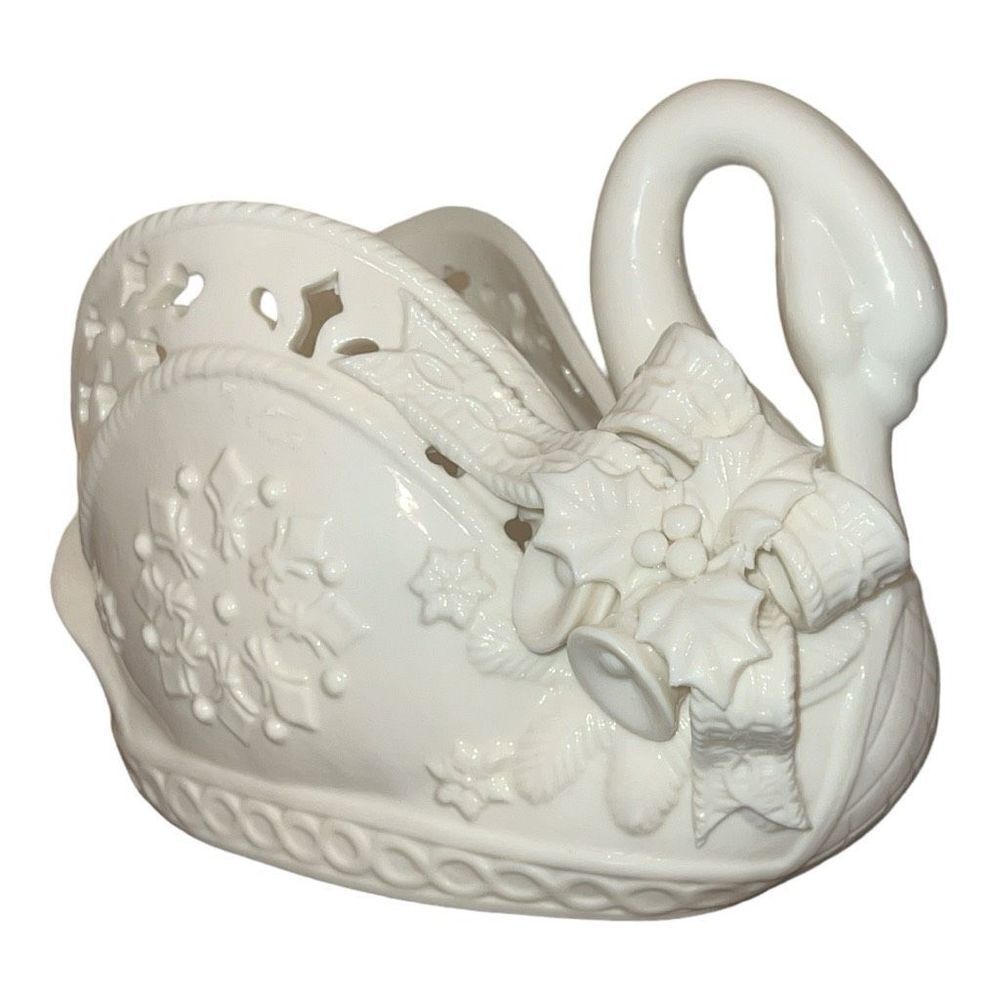 Ceramic swan candy dish, basket with Holly bow and snowflakes
